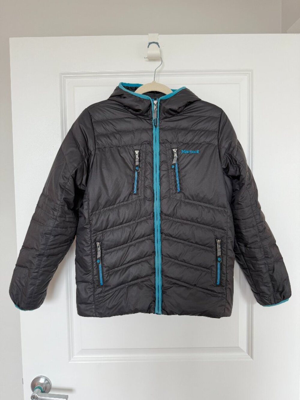 Marmot Youth 700 Fill Down Puffer Full Zip Black Hooded Jacket - Youth XL / TG